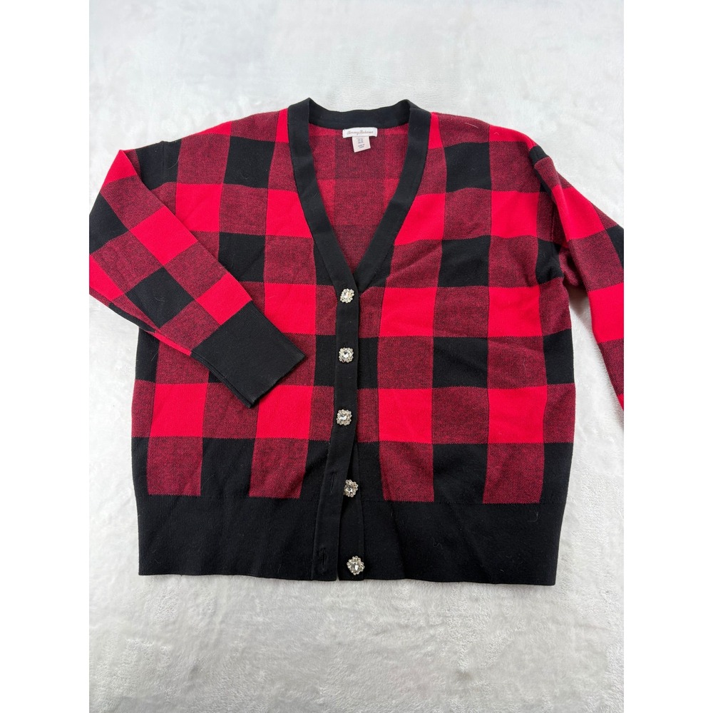 Tommy Bahama Cardigan Womens XL Buffalo Plaid‎ Red Black Rhinestone Sweater